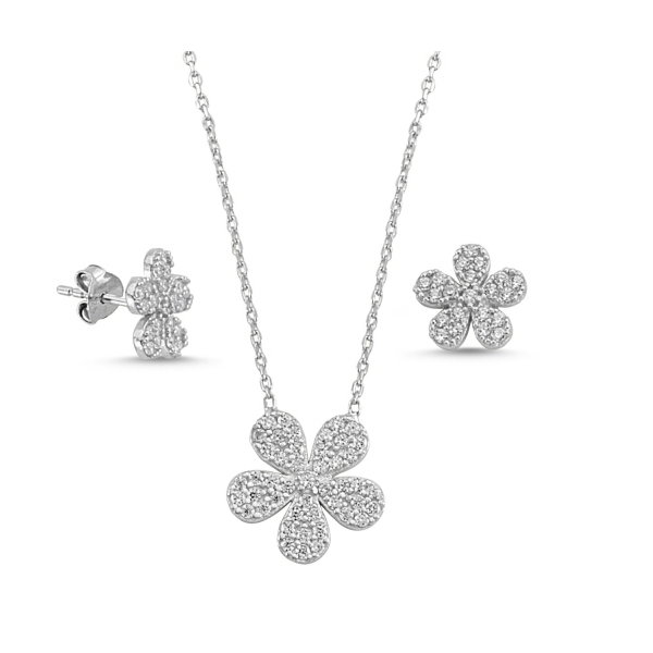 Set argint 925 rodiat cu floricele si zirconii albe - Be Nature STU0007 [1]